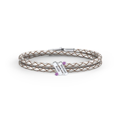 Engravable Sterling Silver Diagonal Bar Leather Bracelet with Gemstones – Sterling Silver with Amethyst
