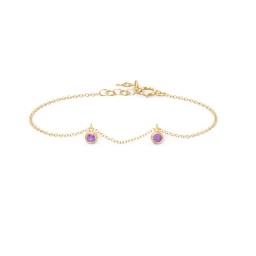 Bezel Set Gemstone Drop Bracelet - 2 Stone in 18K Gold Plated Silver with Amethyst