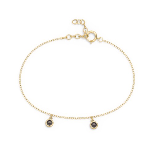 Bezel Set Gemstone Drop Bracelet - 2 Stone – 18K Gold Plated Silver with Smokey Quartz
