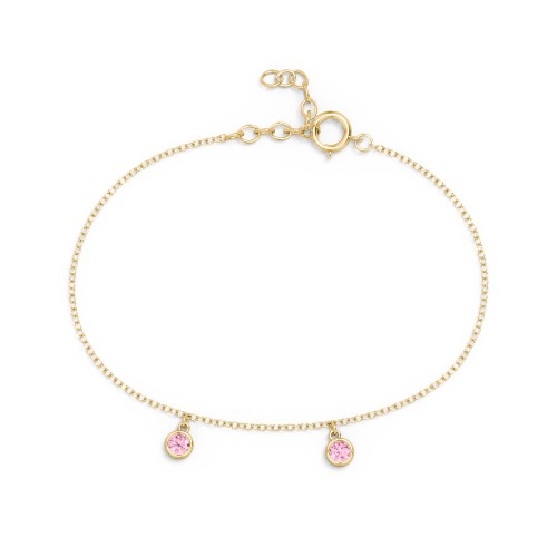 Bezel Set Gemstone Drop Bracelet - 2 Stone – 18K Gold Plated Silver with Pink Tourmaline