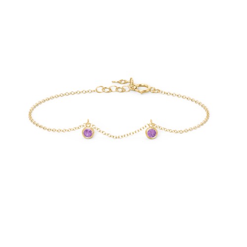 Bezel Set Gemstone Drop Bracelet - 2 Stone – 18K Gold Plated Silver with Amethyst