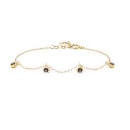 Bezel Set Gemstone Drop Bracelet - 4 Stone in 18K Gold Plated Silver with Smokey Quartz