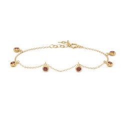 Bezel Set Gemstone Drop Bracelet - 6 Stone in 18K Gold Plated Silver with Garnet