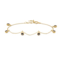 Bezel Set Gemstone Drop Bracelet - 6 Stone in 18K Gold Plated Silver with Smokey Quartz