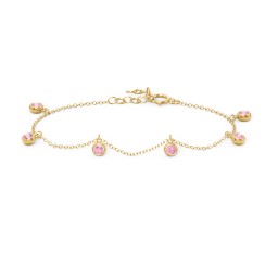 Bezel Set Gemstone Drop Bracelet - 6 Stone in 18K Gold Plated Silver with Pink Tourmaline