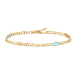 Engravable Bar Open Curb Bracelet with Blue Enamel Bars in 18K Gold Plated Silver
