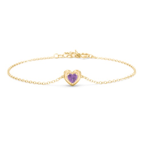 Puffy Heart Birthstone Bracelet – 18K Gold Plated Silver with Amethyst