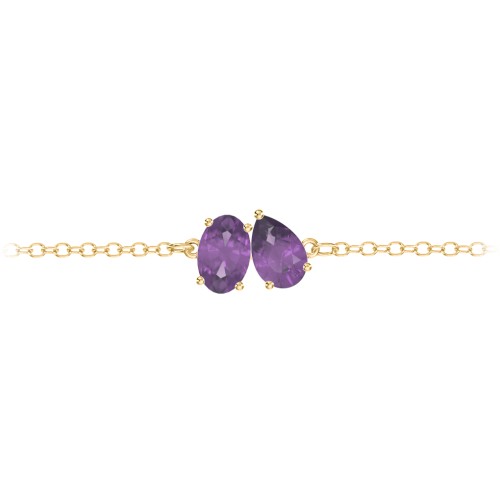 Toi et Moi Oval and Pear Gemstone Bracelet – 18K Gold Plated Silver with Amethyst