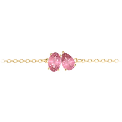 Toi et Moi Oval and Pear Gemstone Bracelet – 18K Gold Plated Silver with Pink Tourmaline