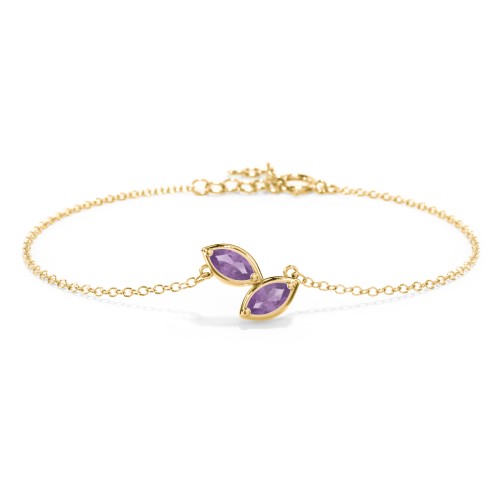 2 Marquise Birthstone Leaf Bracelet – 18K Gold Plated Silver with Amethyst