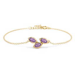 3 Marquise Birthstone Leaf Bracelet in 18K Gold Plated Silver with Amethyst