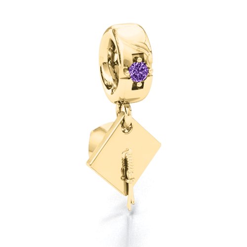 Graduate Cap Bracelet Charm – 10K Yellow Gold with Amethyst