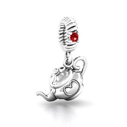 Teapot with Hearts Bracelet Charm in 925 Sterling Silver with Garnet