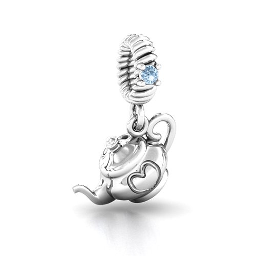 Teapot with Hearts Bracelet Charm – Sterling Silver with Aquamarine