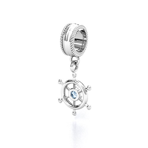 Ship's Wheel Bracelet Charm – Sterling Silver with Aquamarine