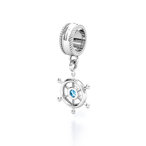 Ship's Wheel Bracelet Charm – Sterling Silver with Blue Topaz