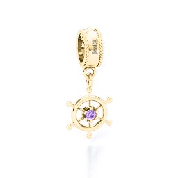 Ship's Wheel Bracelet Charm in 10K Solid Yellow Gold with Amethyst