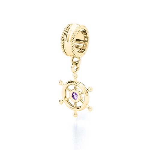 Ship's Wheel Bracelet Charm – 10K Yellow Gold with Amethyst