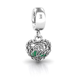 A Mother's Love Caged Bracelet Charm in 925 Sterling Silver with Emerald, Pink Tourmaline, and Cubic Zirconia