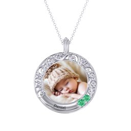 Round Engravable Filligree Photo Frame Necklace in 925 Sterling Silver with Emerald and Amethyst