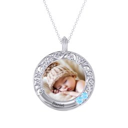 Round Engravable Filligree Photo Frame Necklace in 925 Sterling Silver with Blue Topaz and Amethyst