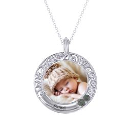 Round Engravable Filligree Photo Frame Necklace in 925 Sterling Silver with Alexandrite and Amethyst
