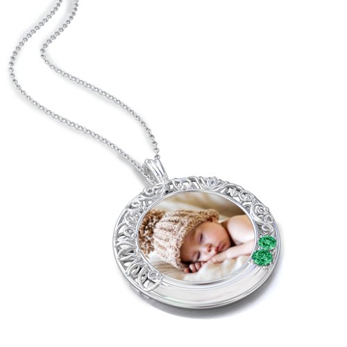 Round Engravable Filligree Photo Frame Necklace – Sterling Silver with Emerald