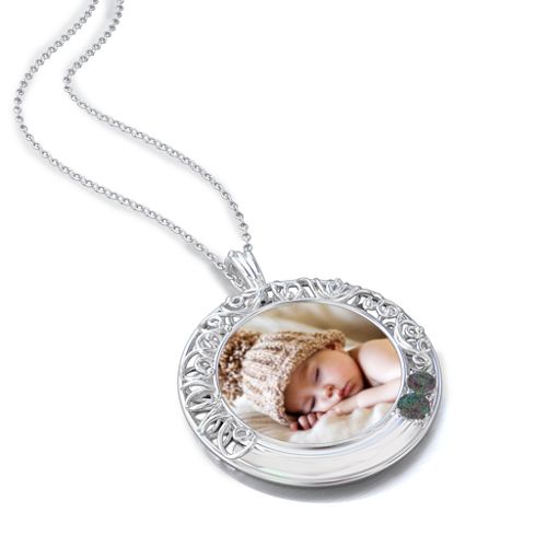 Round Engravable Filligree Photo Frame Necklace – Sterling Silver with Alexandrite
