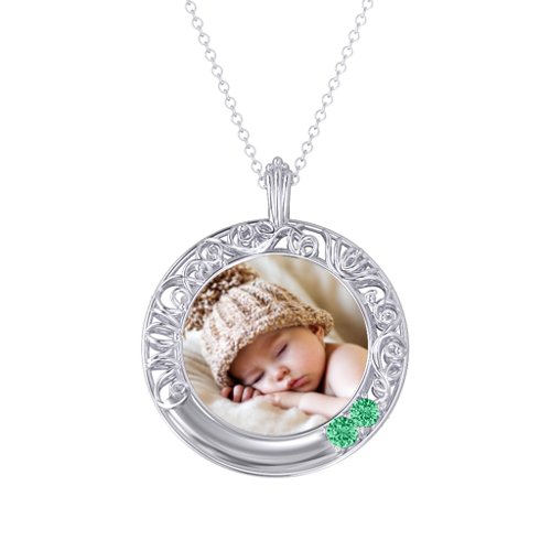 Round Engravable Filligree Photo Frame Necklace – Sterling Silver with Emerald