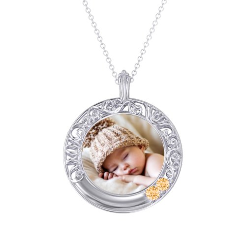 Round Engravable Filligree Photo Frame Necklace – Sterling Silver with Citrine