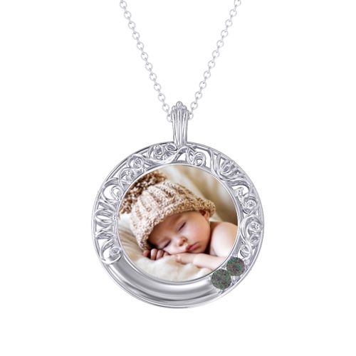 Round Engravable Filligree Photo Frame Necklace – Sterling Silver with Alexandrite