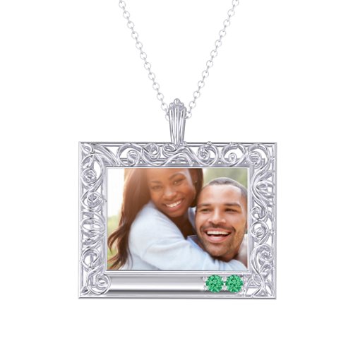Rectangular Engravable Filligree Photo Frame Necklace – Sterling Silver with Emerald