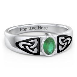 Men's Trinity Knot Ring With Oval Stone in 925 Sterling Silver with Emerald