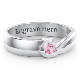 Men's Half Heart Ring with Birthstone in 925 Sterling Silver with Pink Tourmaline