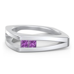 Men’s Squared Split Shank Ring with Princess Cut Gemstones in 925 Sterling Silver with Amethyst