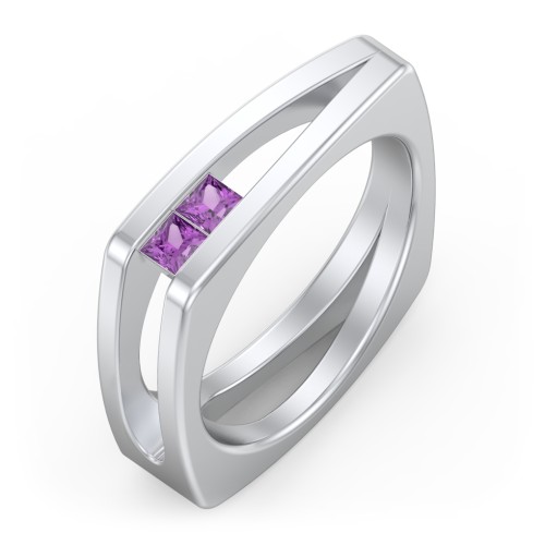 Men’s Squared Split Shank Ring with Princess Cut Gemstones – Sterling Silver with Amethyst
