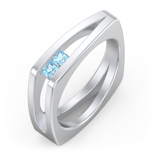 Men’s Squared Split Shank Ring with Princess Cut Gemstones – Sterling Silver with Blue Topaz
