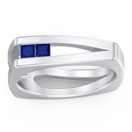 Men’s Squared Split Shank Ring with Princess Cut Gemstones – Sterling Silver with Blue Sapphire