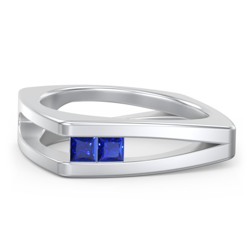 Men’s Squared Split Shank Ring with Princess Cut Gemstones – Sterling Silver with Blue Sapphire