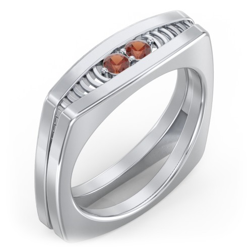 Men’s Squared Ring with Gemstones – Sterling Silver with Garnet