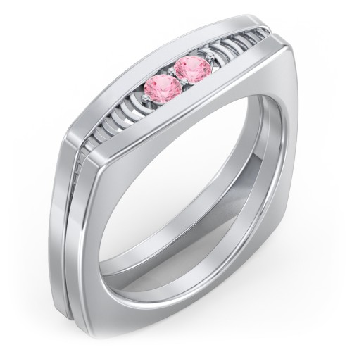 Men’s Squared Ring with Gemstones – Sterling Silver with Pink Tourmaline