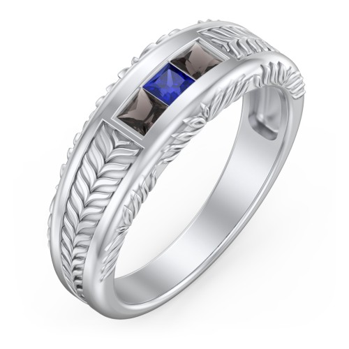 Men’s Wheat Pattern Ring with Princess Cut Gemstones – Sterling Silver with Smokey Quartz and Blue Sapphire