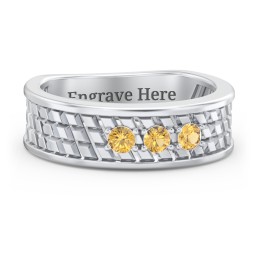 Men’s Diagonal Groove 3-Stone Family Ring in 925 Sterling Silver with Citrine