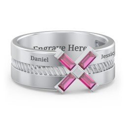 Men’s Engravable “X” Family Ring with Baguette Gemstones