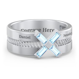 Men’s Engravable “X” Family Ring with Baguette Gemstones
