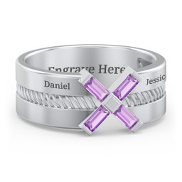 Men’s Engravable “X” Family Ring with Baguette Gemstones in 925 Sterling Silver with Amethyst