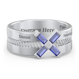 Men’s Engravable “X” Family Ring with Baguette Gemstones in 925 Sterling Silver with Blue Sapphire