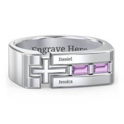 Men’s Squared Cross Ring with Baguette Gemstones in 925 Sterling Silver with Amethyst