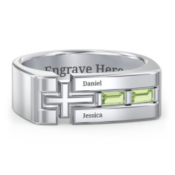 Men’s Squared Cross Ring with Baguette Gemstones in 925 Sterling Silver with Peridot