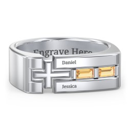 Men’s Squared Cross Ring with Baguette Gemstones in 925 Sterling Silver with Citrine